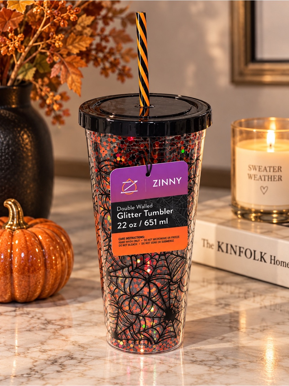 Black & Orange Glitter Double-Wall Tumbler with Lid and Straw